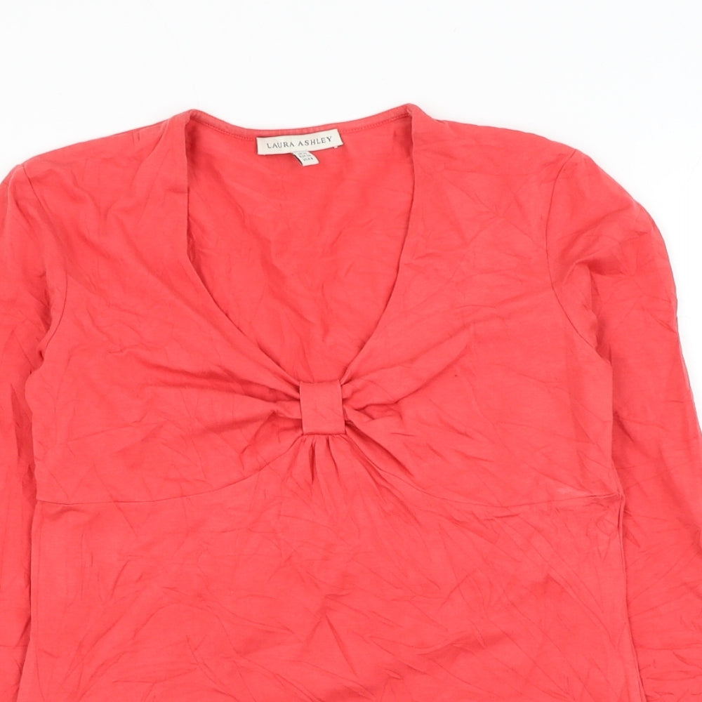 Laura Ashley Womens Red Cotton Basic Blouse Size 10 V-Neck - Knot Detail