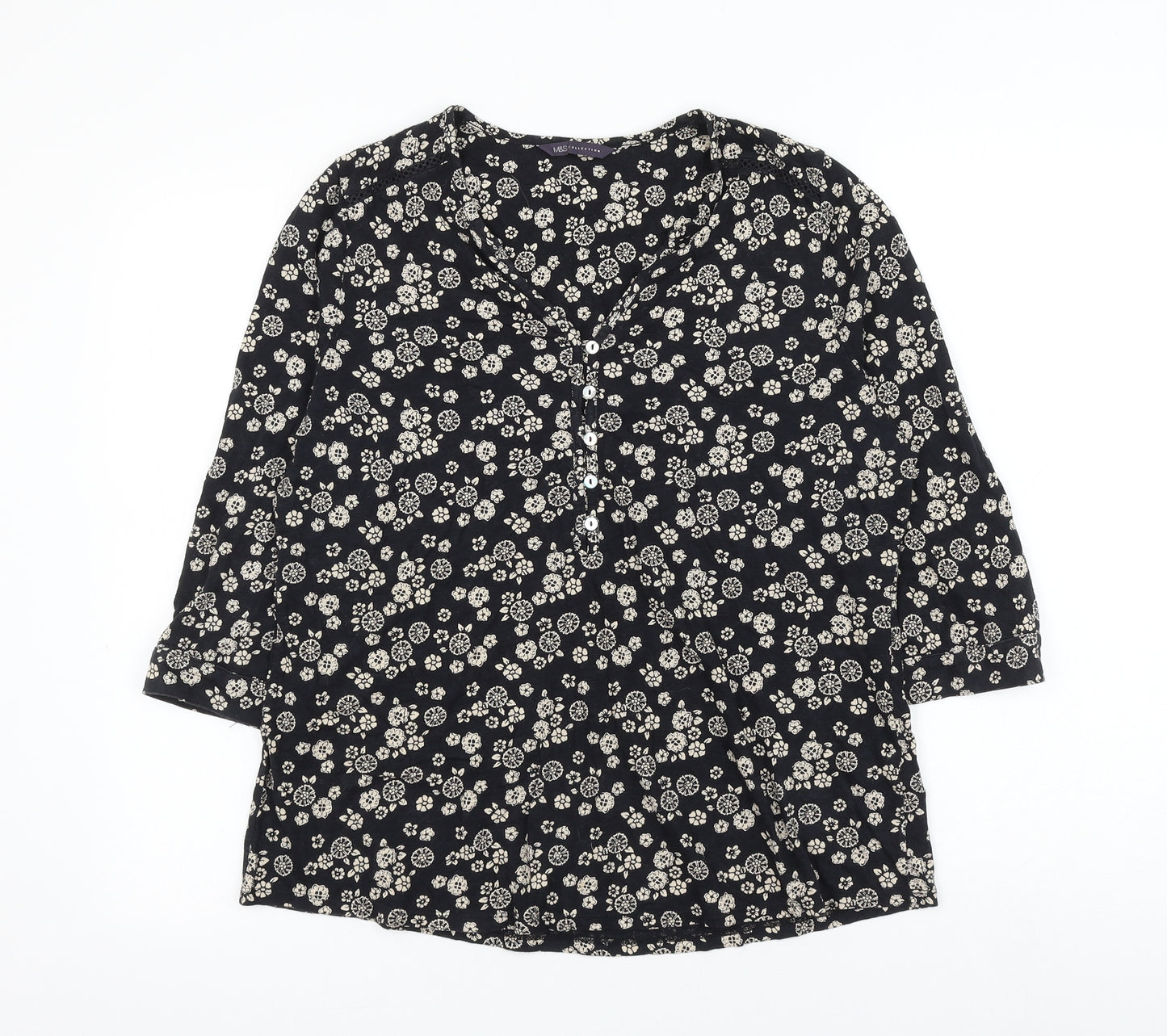 Marks and Spencer Womens Black Floral Cotton Basic Blouse Size 14 V-Neck