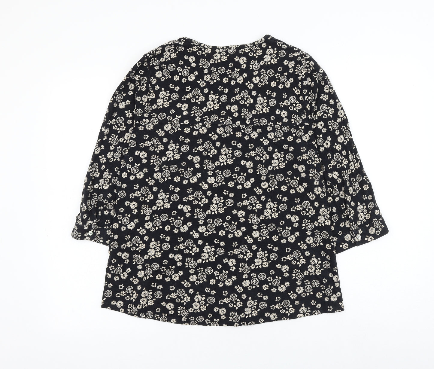 Marks and Spencer Womens Black Floral Cotton Basic Blouse Size 14 V-Neck