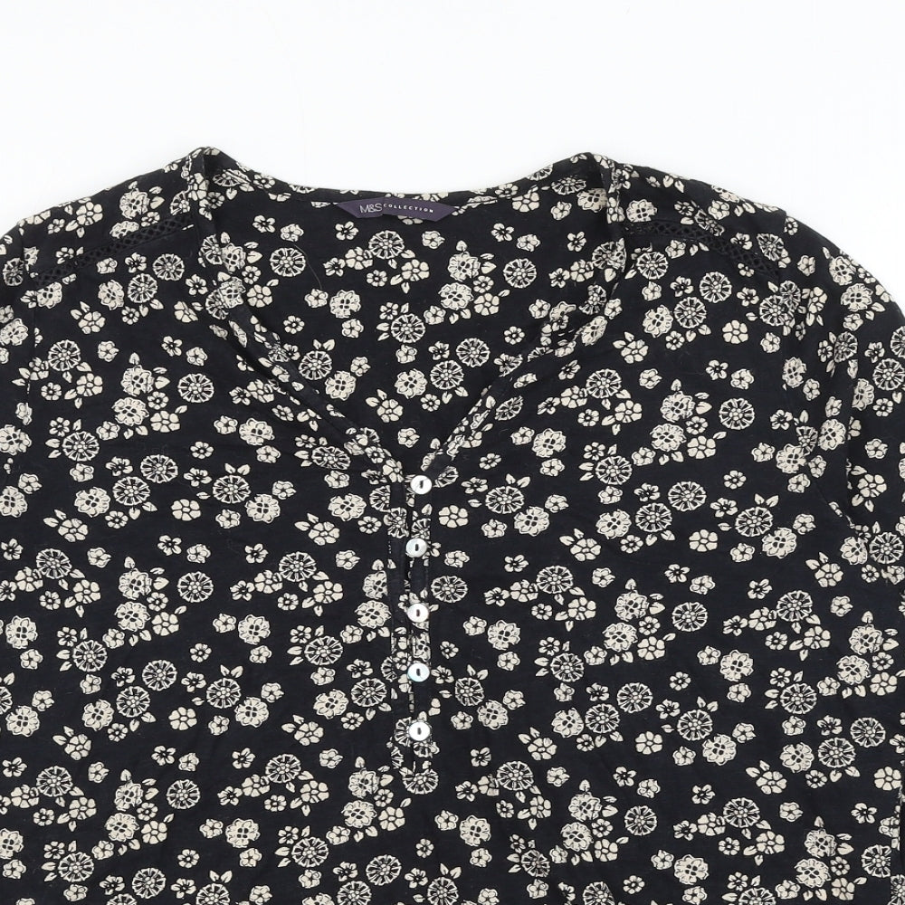Marks and Spencer Womens Black Floral Cotton Basic Blouse Size 14 V-Neck