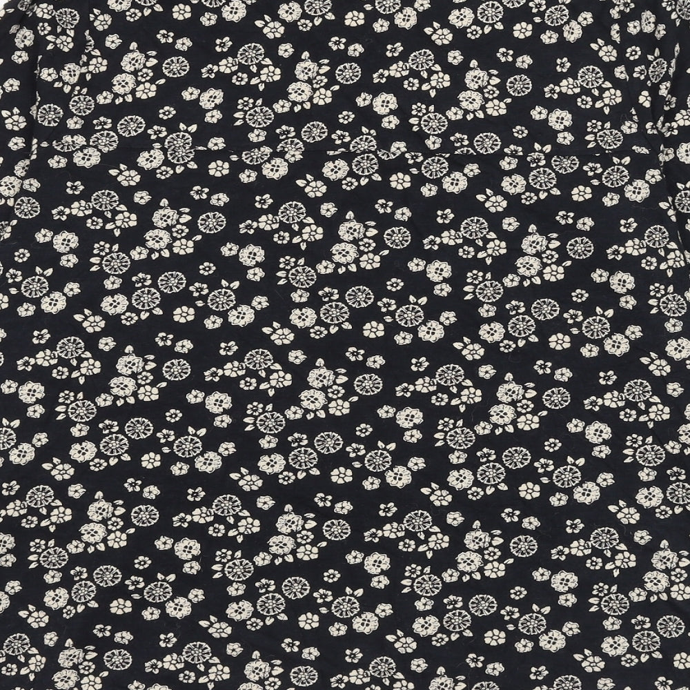 Marks and Spencer Womens Black Floral Cotton Basic Blouse Size 14 V-Neck