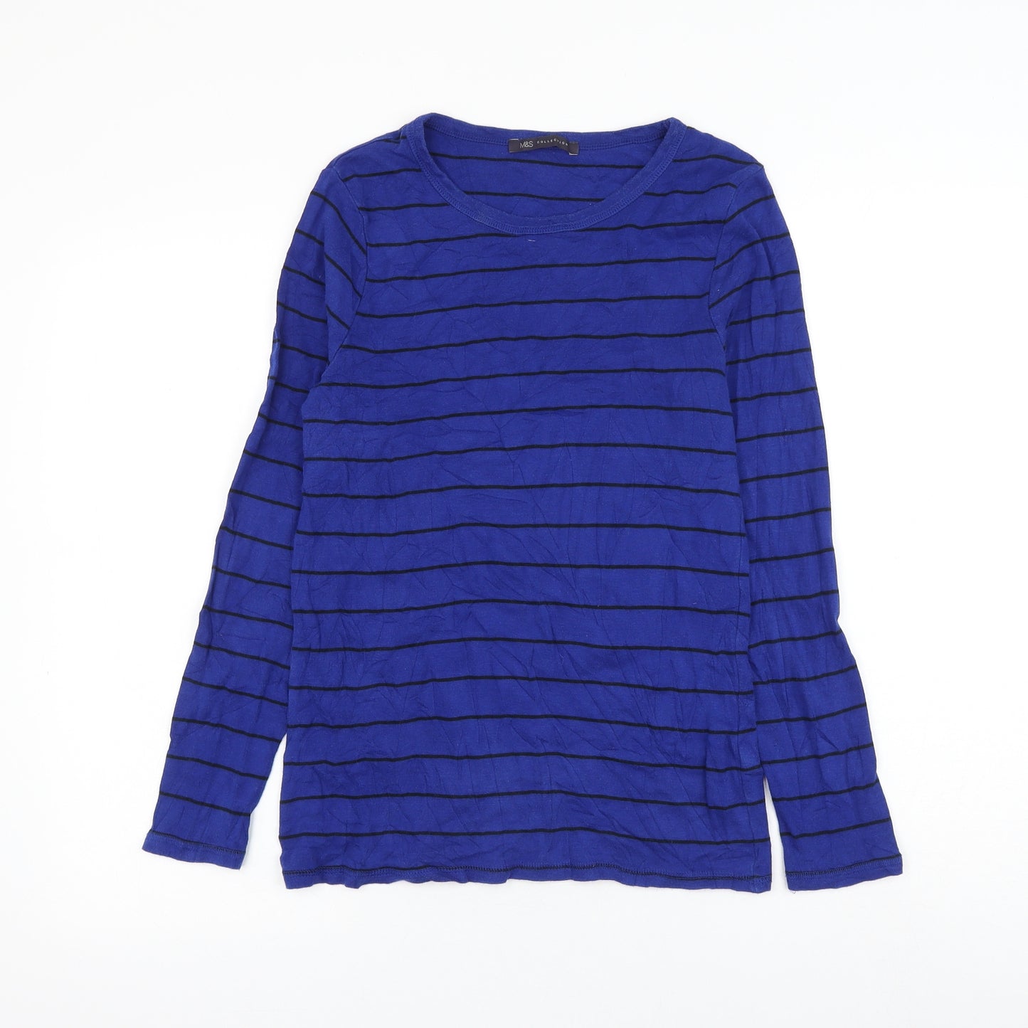 Marks and Spencer Womens Blue Striped Cotton Basic T-Shirt Size 12 Round Neck