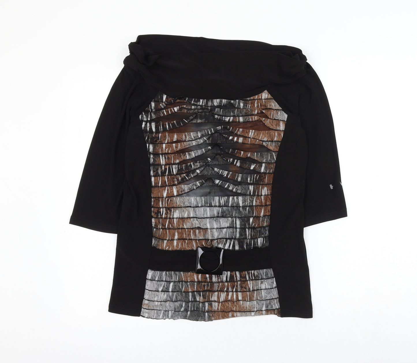 BASSINI Womens Black Geometric Polyester Basic Blouse Size 14 Boat Neck
