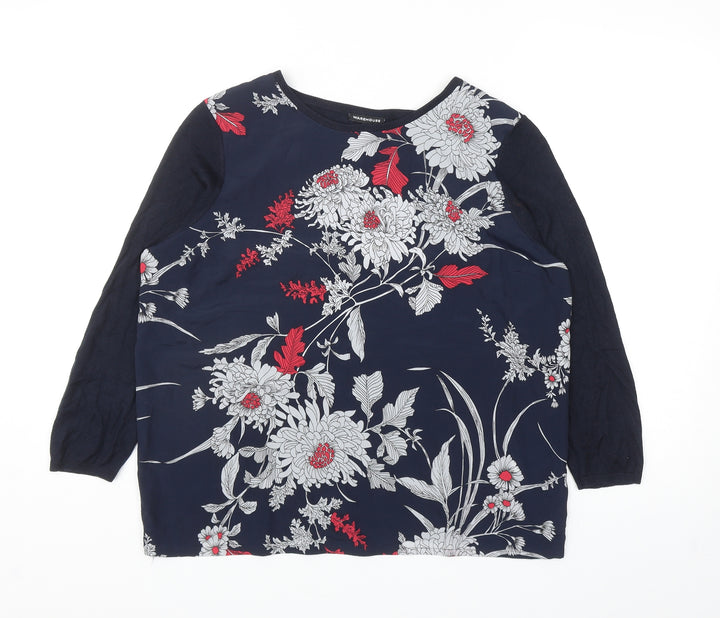 Warehouse Womens Blue Boat Neck Floral Acrylic Pullover Jumper Size L