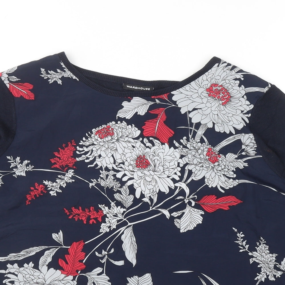 Warehouse Womens Blue Boat Neck Floral Acrylic Pullover Jumper Size L