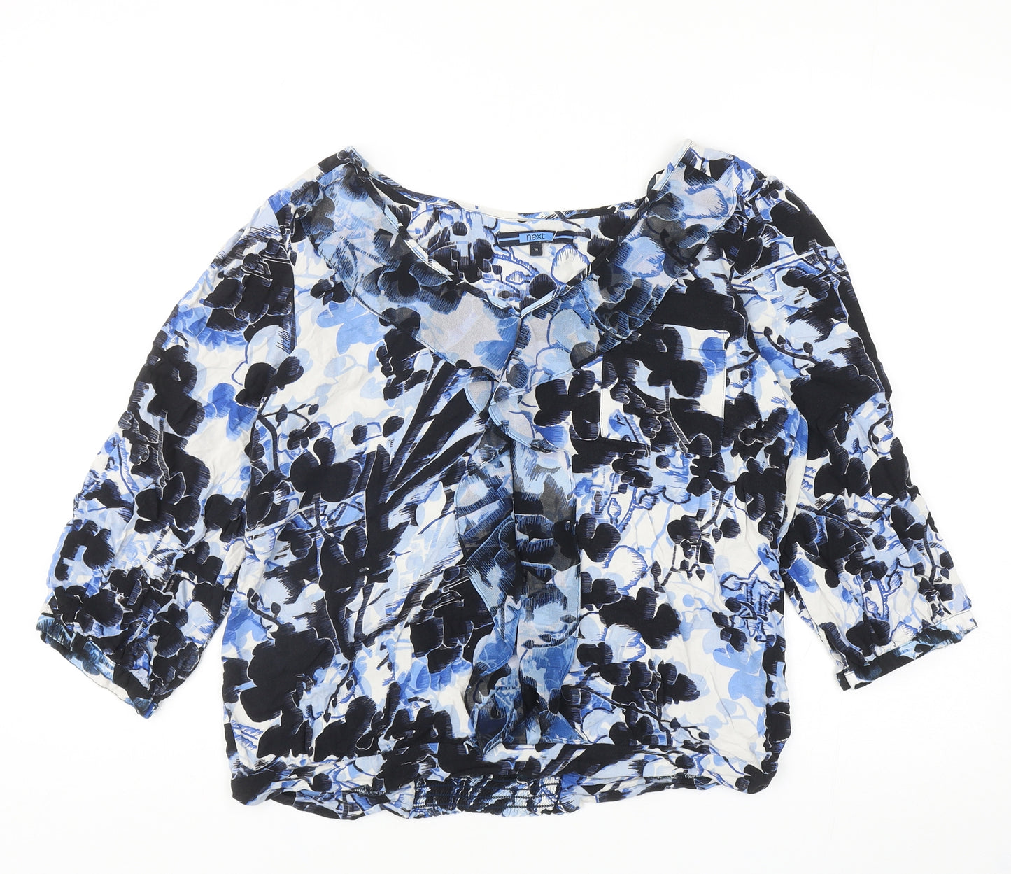 NEXT Womens Blue Geometric Viscose Basic Blouse Size 14 V-Neck