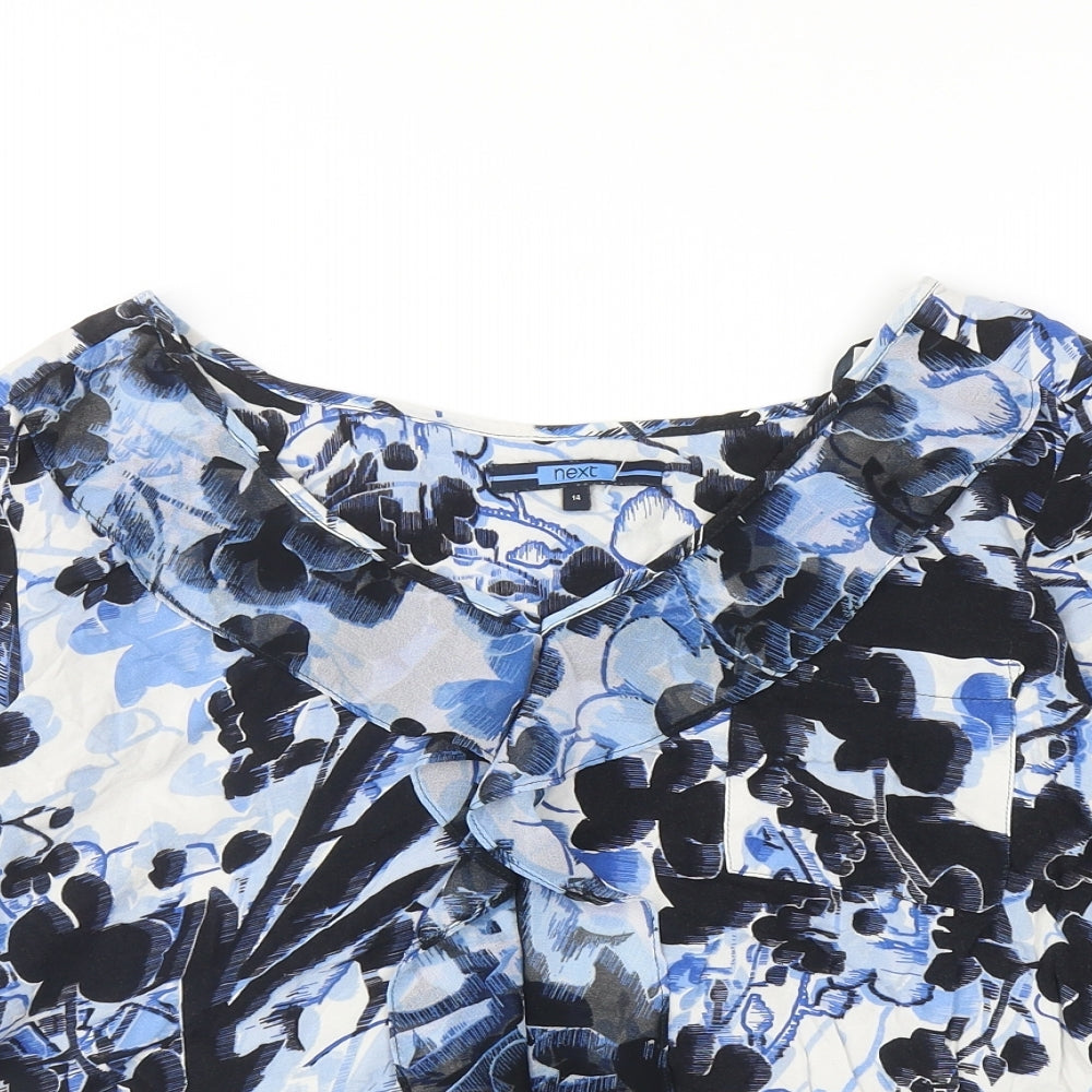 NEXT Womens Blue Geometric Viscose Basic Blouse Size 14 V-Neck