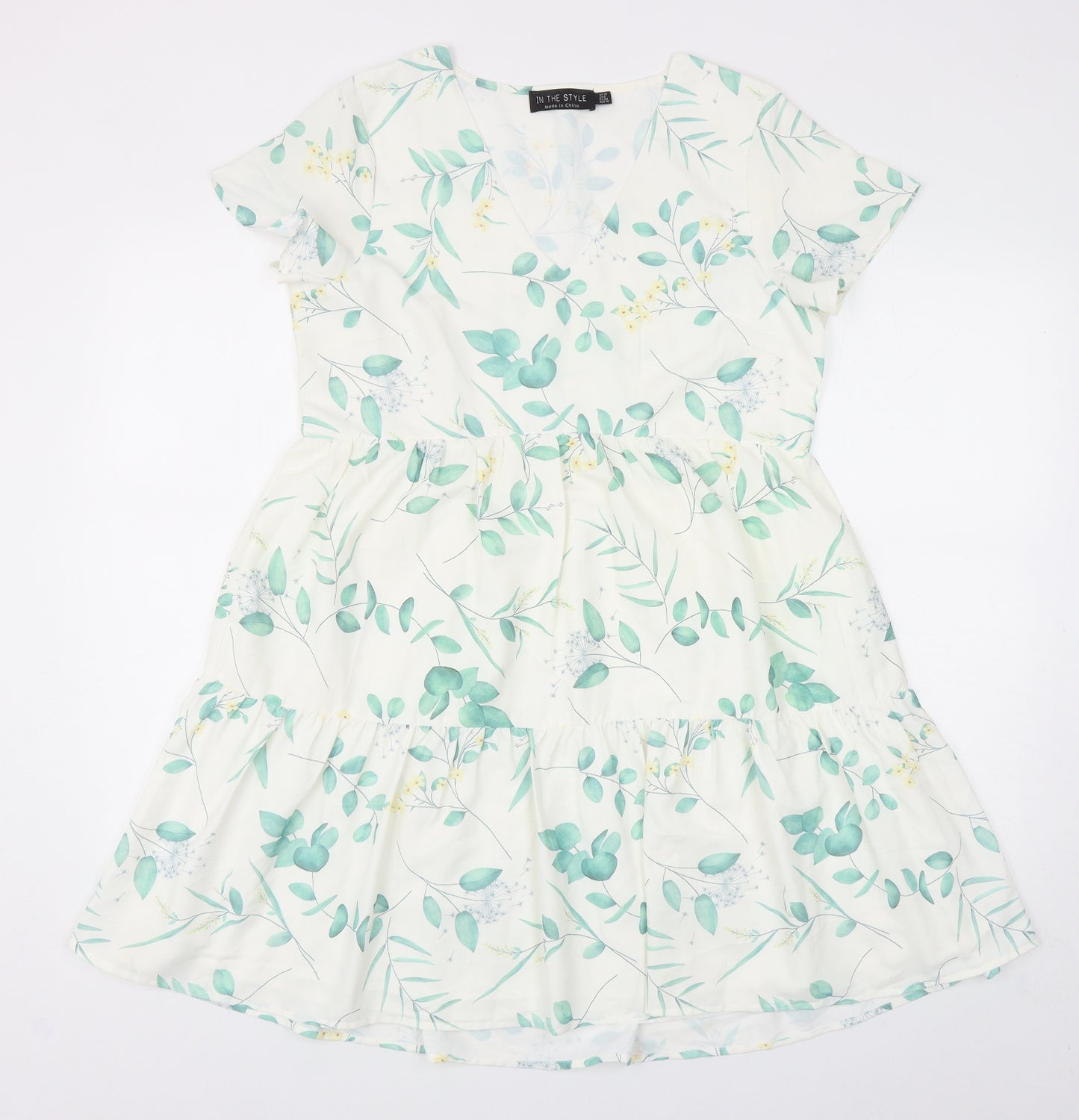 In the Style Womens White Floral Polyester Trapeze & Swing Size 10 V-Neck Pullover