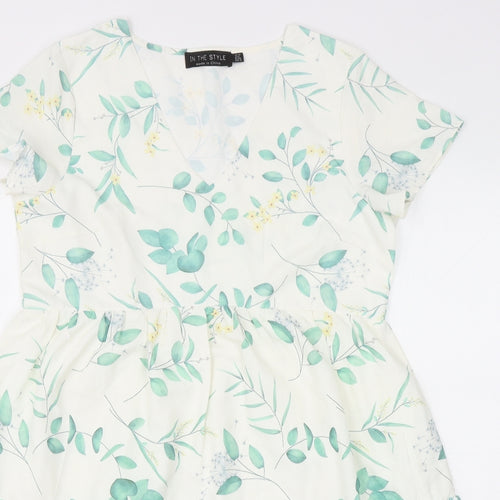 In the Style Womens White Floral Polyester Trapeze & Swing Size 10 V-Neck Pullover