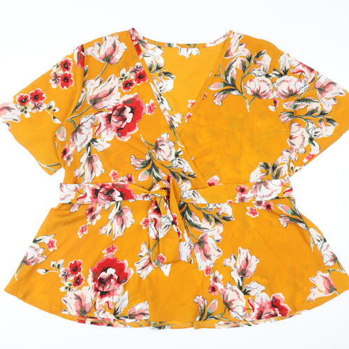 SheIn Womens Yellow Floral Polyester Basic Blouse Size XL V-Neck