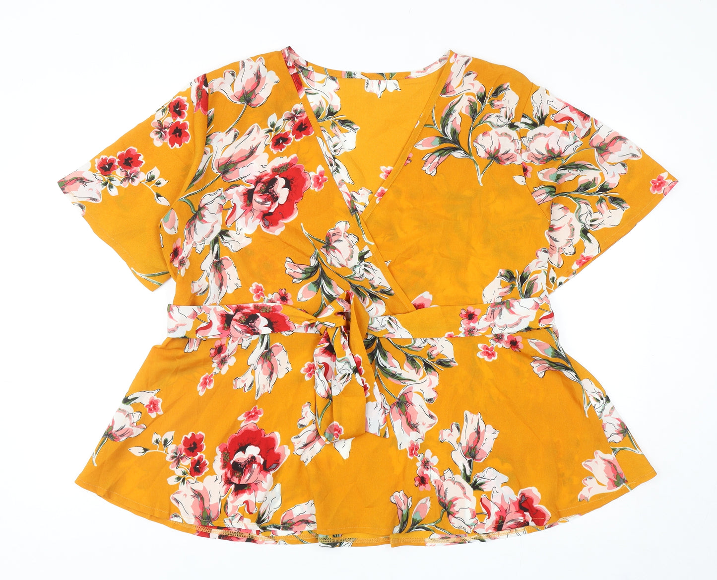 SheIn Womens Yellow Floral Polyester Basic Blouse Size XL V-Neck