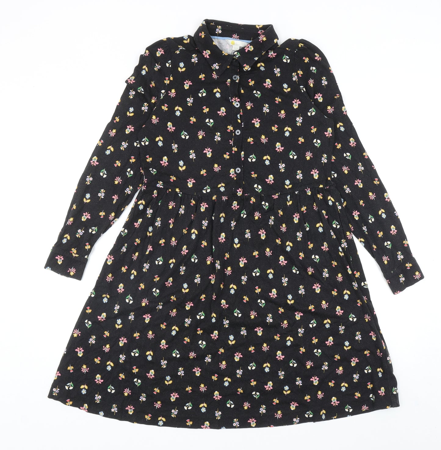 Boden Womens Black Floral Cotton Shirt Dress Size 10 Collared Button