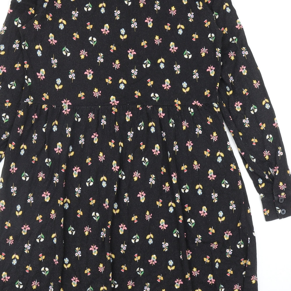 Boden Womens Black Floral Cotton Shirt Dress Size 10 Collared Button