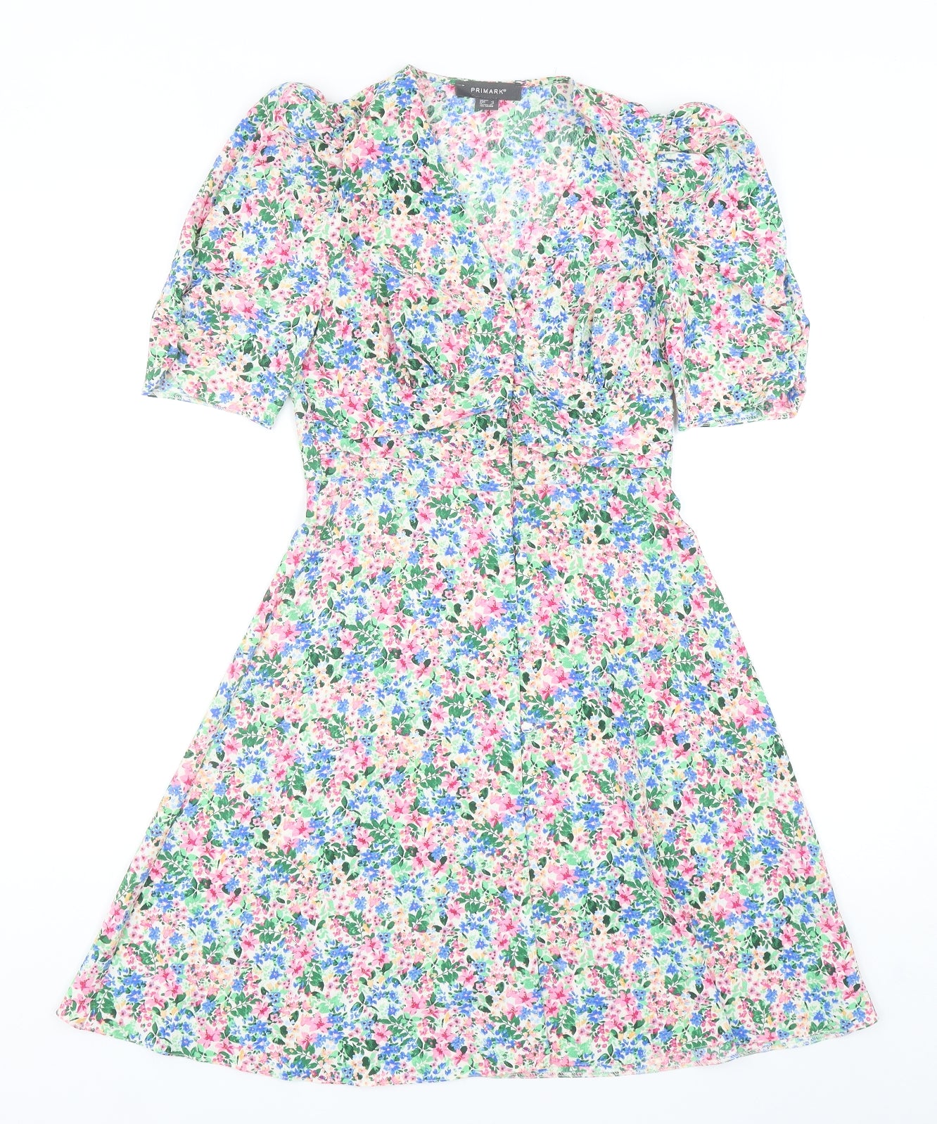 Primark Womens Multicoloured Floral Polyester Skater Dress Size 4 V-Neck Button