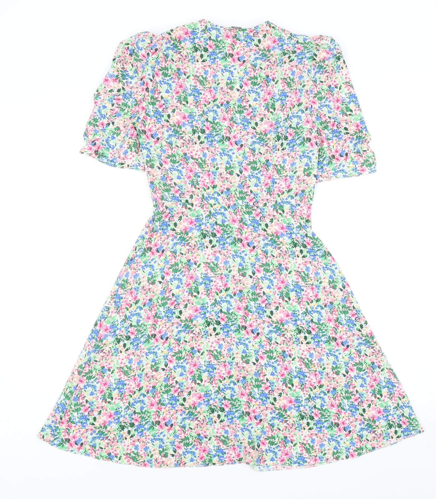 Primark Womens Multicoloured Floral Polyester Skater Dress Size 4 V-Neck Button