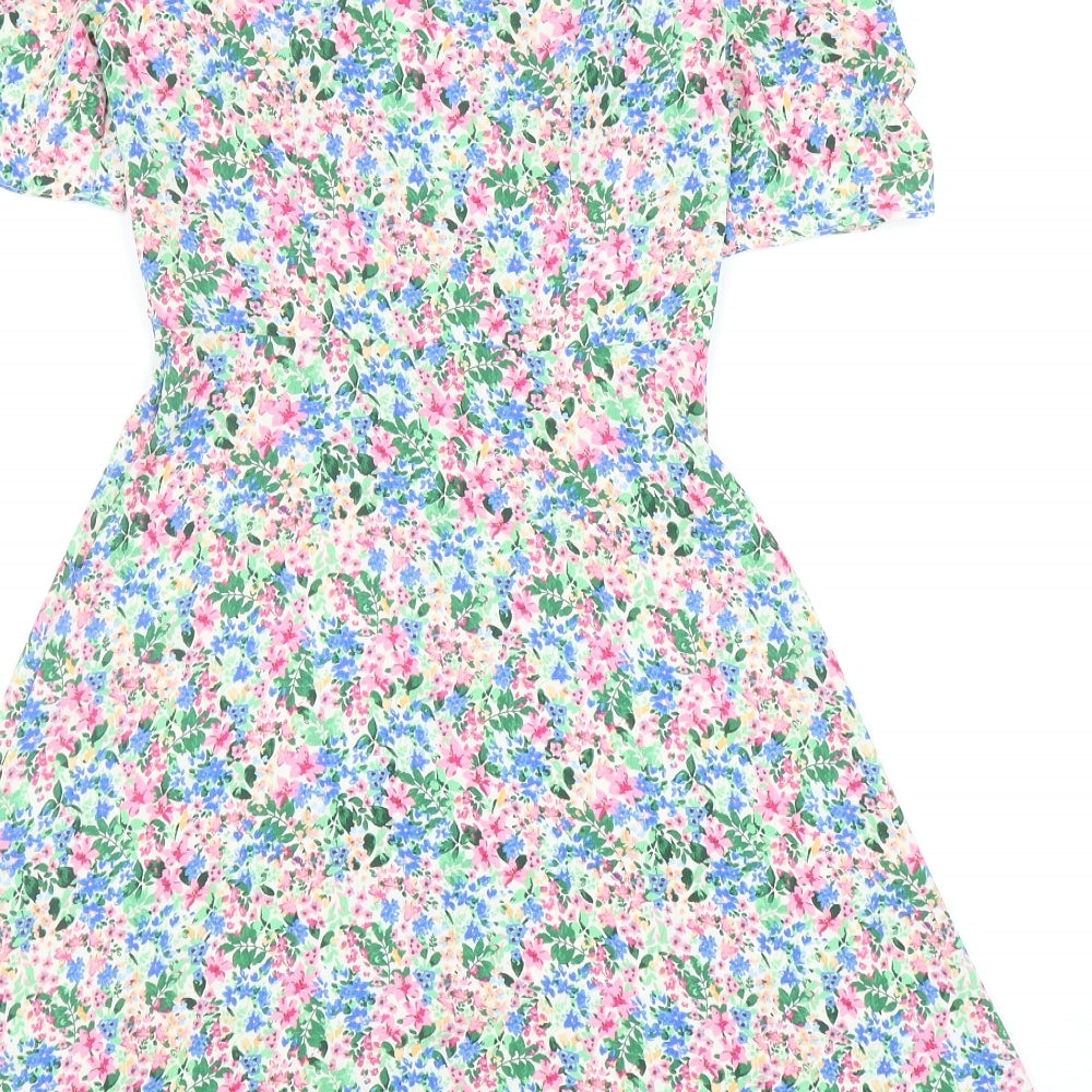 Primark Womens Multicoloured Floral Polyester Skater Dress Size 4 V-Neck Button