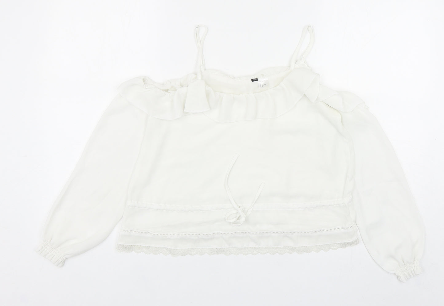 Preworn Womens White Polyester Basic Blouse Size 6 Square Neck - Lace Trim