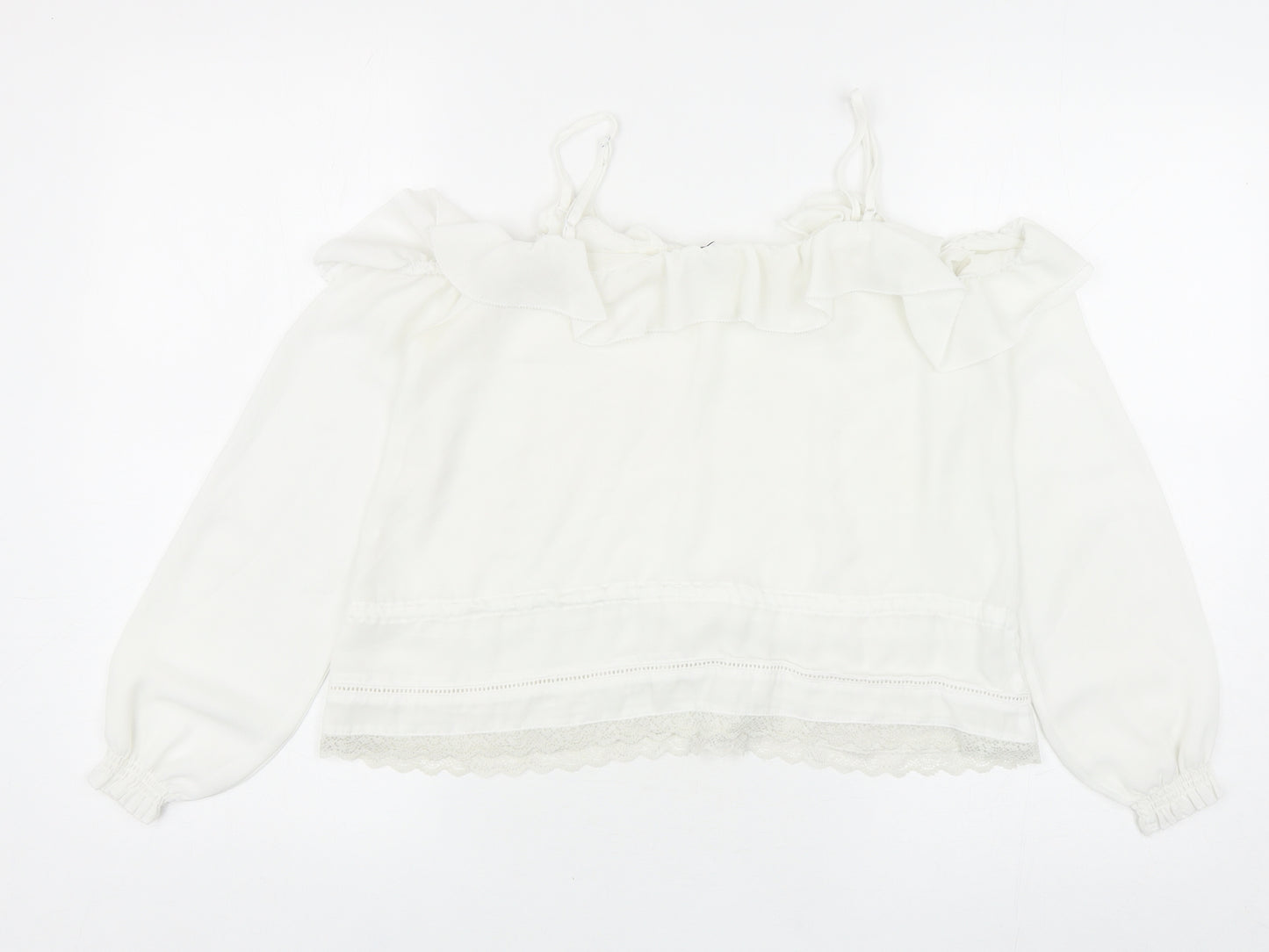 Preworn Womens White Polyester Basic Blouse Size 6 Square Neck - Lace Trim