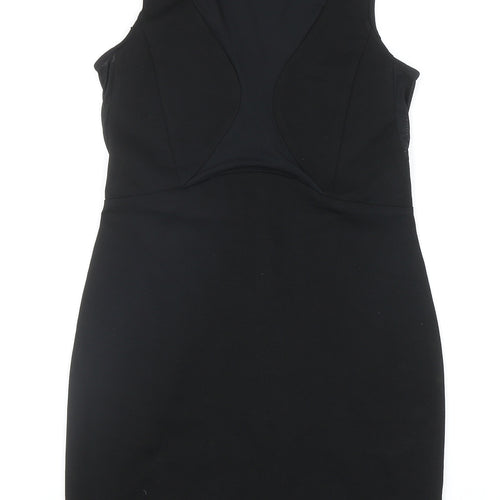 Topshop Womens Black Viscose Bodycon Size 10 Round Neck Hook & Eye - Embellished Neckline