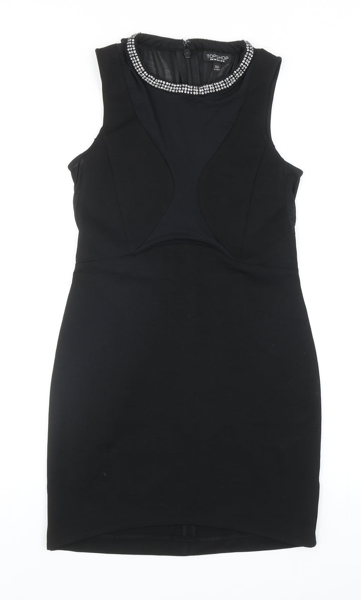 Topshop Womens Black Viscose Bodycon Size 10 Round Neck Hook & Eye - Embellished Neckline