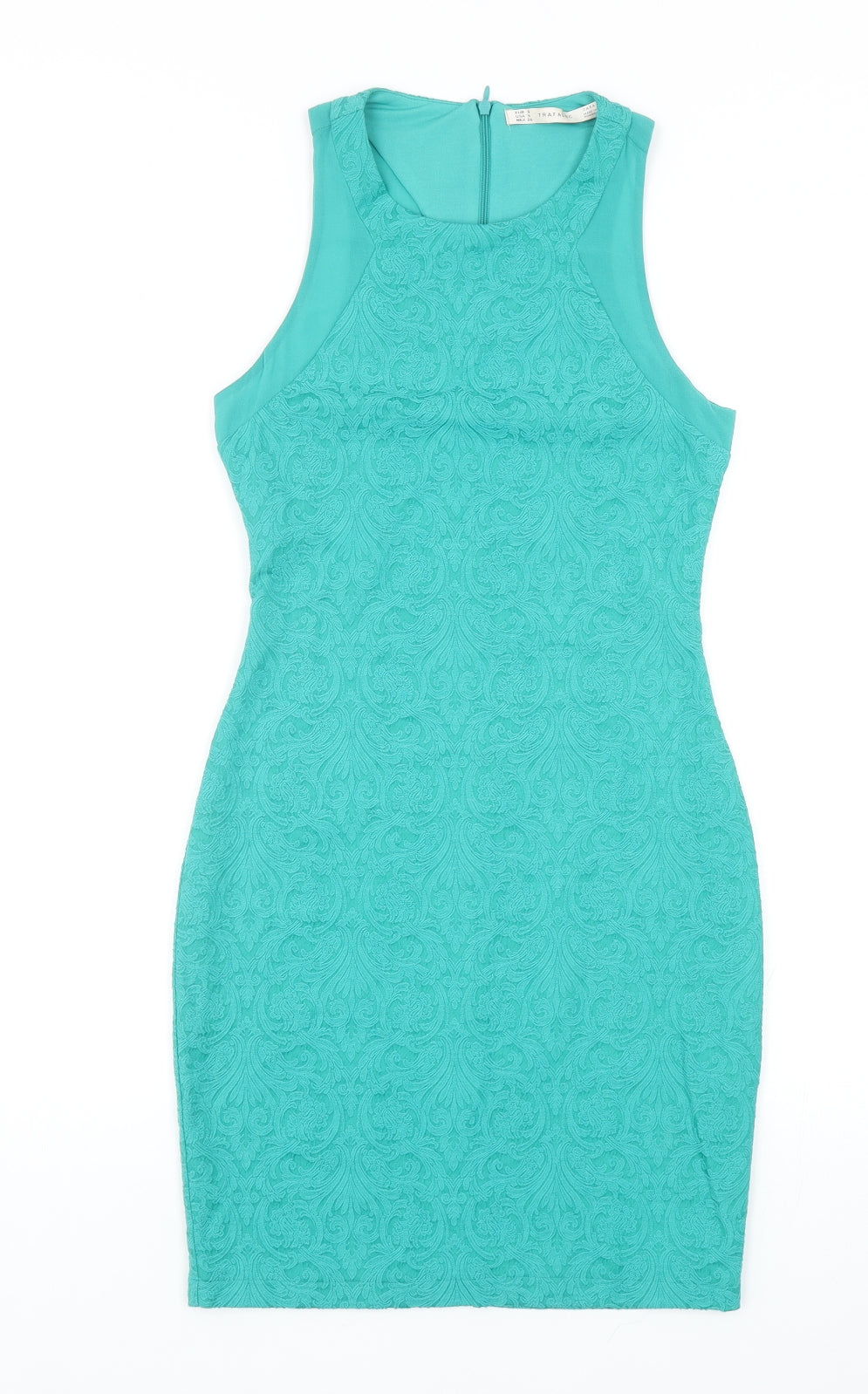 Zara Womens Green Geometric Cotton Bodycon Size S Round Neck Zip