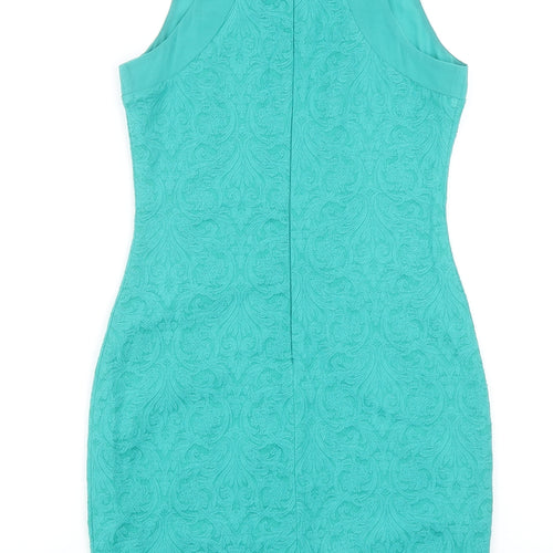 Zara Womens Green Geometric Cotton Bodycon Size S Round Neck Zip
