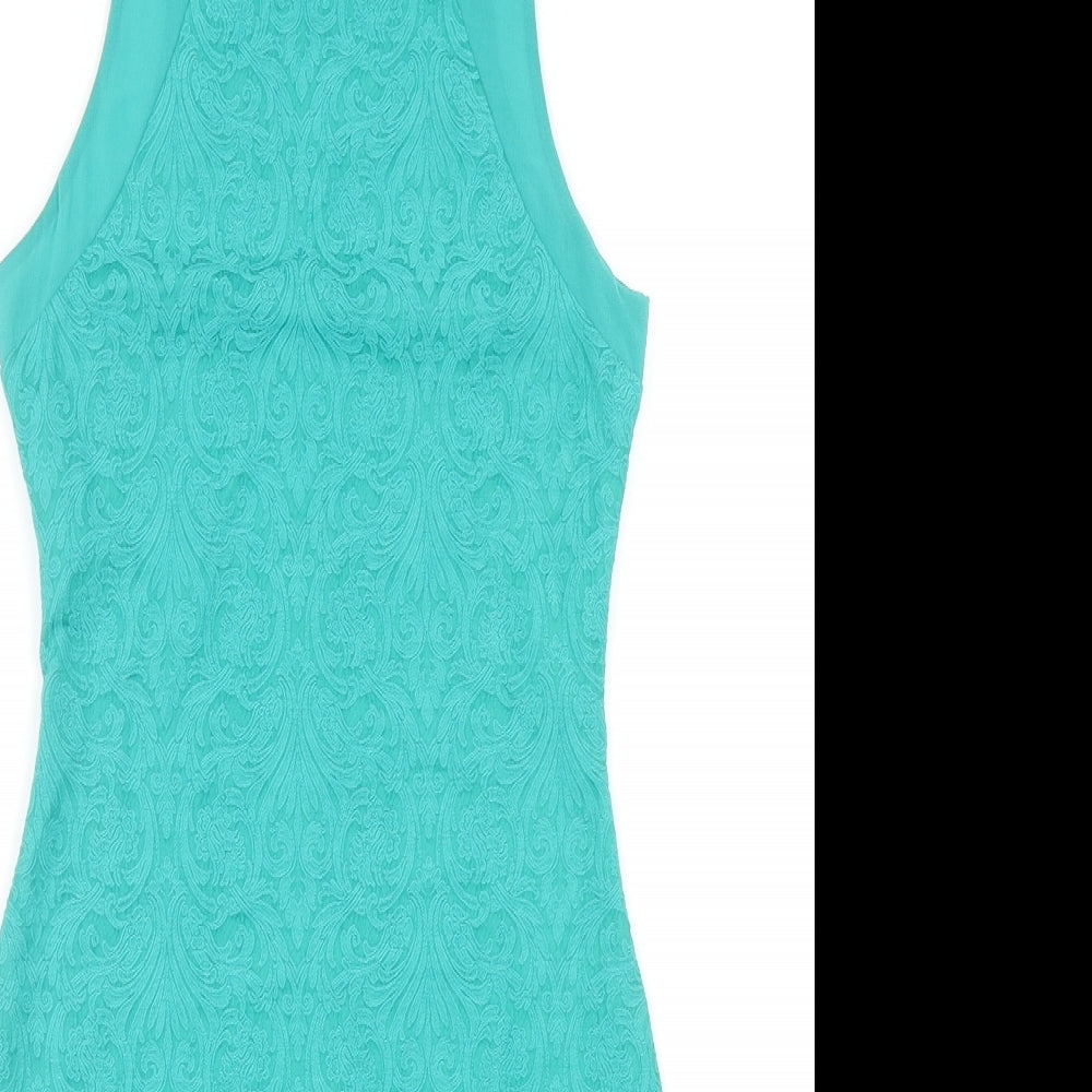 Zara Womens Green Geometric Cotton Bodycon Size S Round Neck Zip