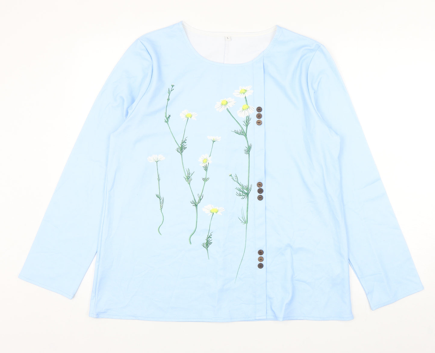 Preworn Womens Blue Cotton Basic T-Shirt Size L Round Neck - Flowers