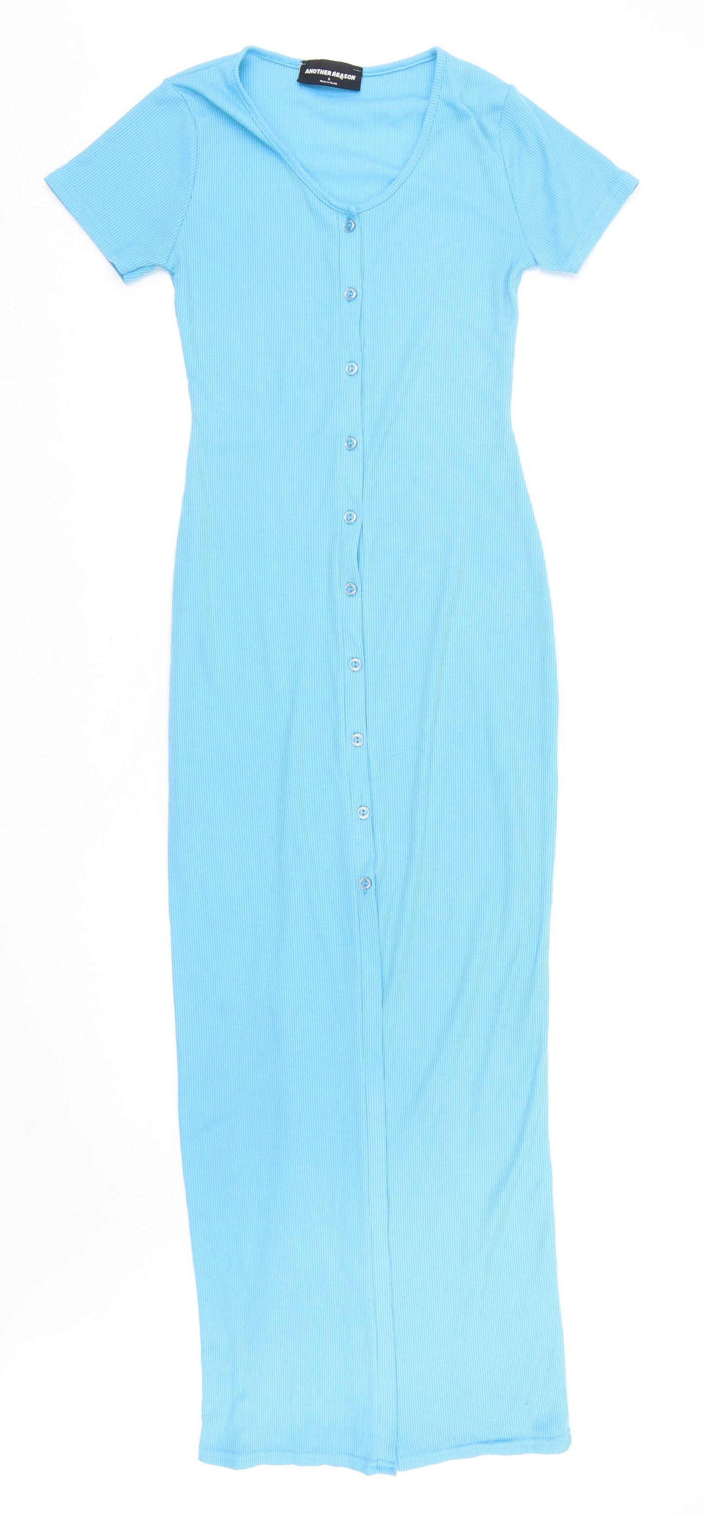 Another Reason Womens Blue Polyester T-Shirt Dress Size 6 Round Neck Button - Ribbed