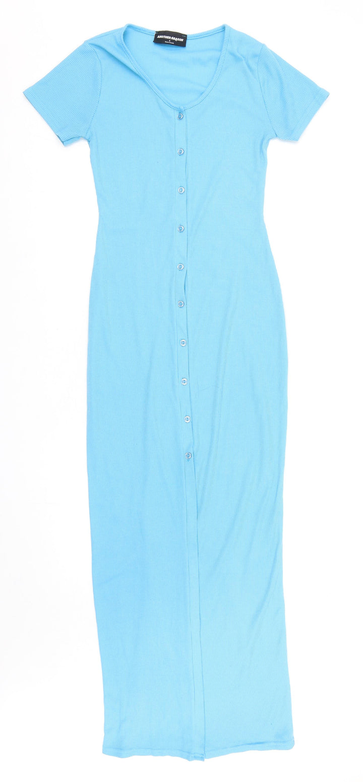 Another Reason Womens Blue Polyester T-Shirt Dress Size 6 Round Neck Button - Ribbed