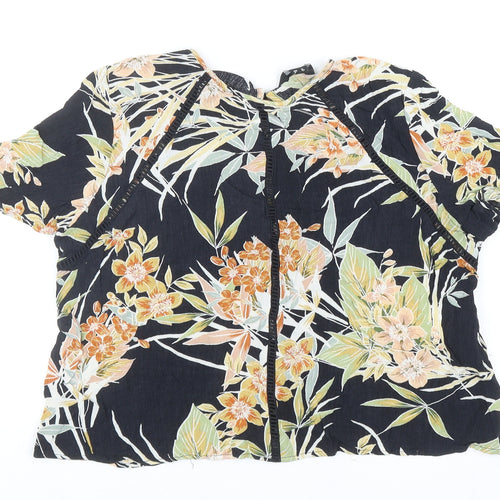 New Look Womens Black Floral Viscose Cropped Blouse Size 12 Round Neck - Tie Detail