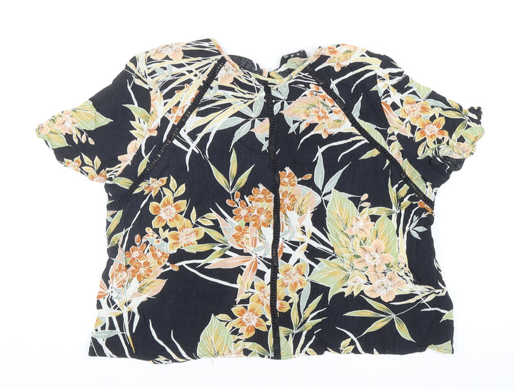 New Look Womens Black Floral Viscose Cropped Blouse Size 12 Round Neck - Tie Detail