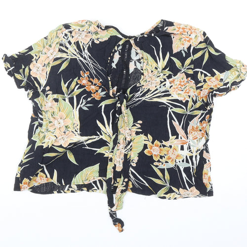 New Look Womens Black Floral Viscose Cropped Blouse Size 12 Round Neck - Tie Detail