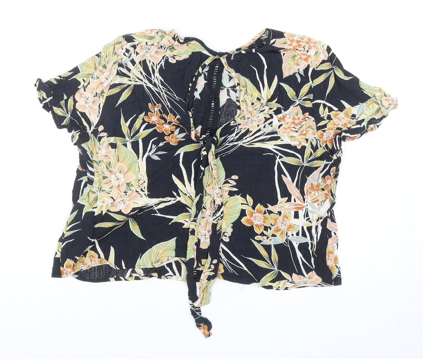 New Look Womens Black Floral Viscose Cropped Blouse Size 12 Round Neck - Tie Detail