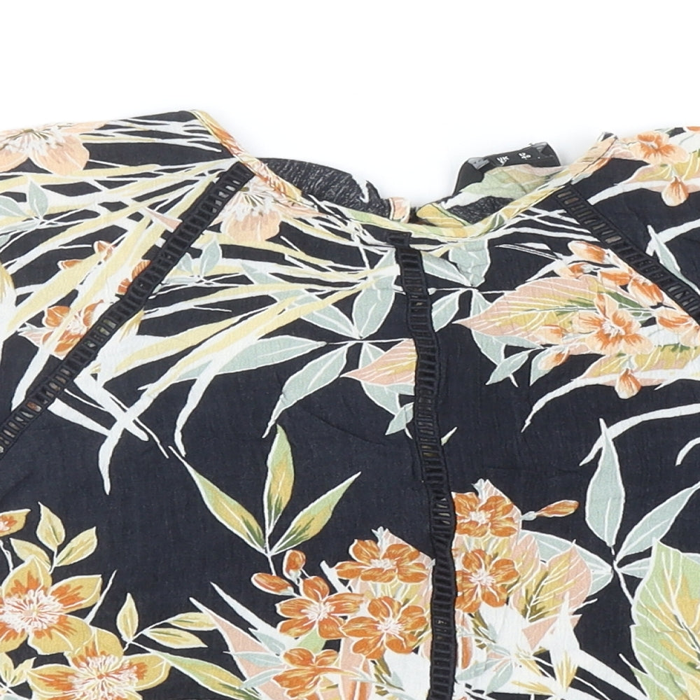 New Look Womens Black Floral Viscose Cropped Blouse Size 12 Round Neck - Tie Detail