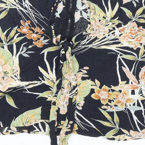 New Look Womens Black Floral Viscose Cropped Blouse Size 12 Round Neck - Tie Detail
