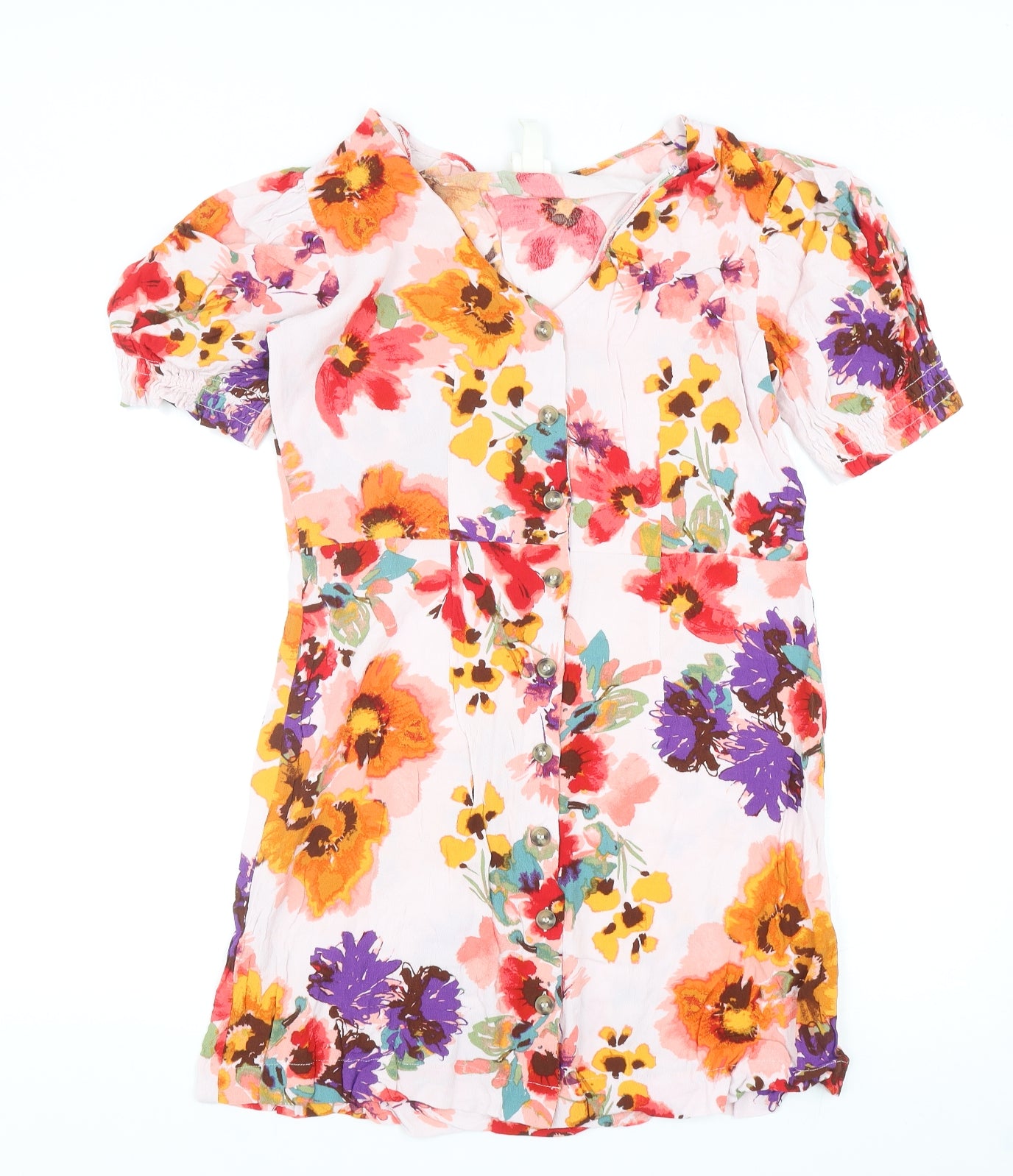 H&M Womens Multicoloured Floral Viscose Mini Size 14 V-Neck Button