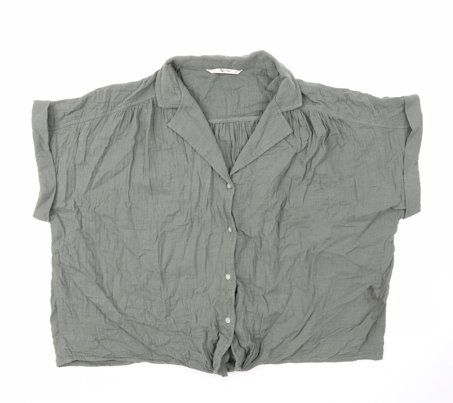 TU Womens Green 100% Cotton Basic Button-Up Size 16 V-Neck - Tie Front Shirt Collared