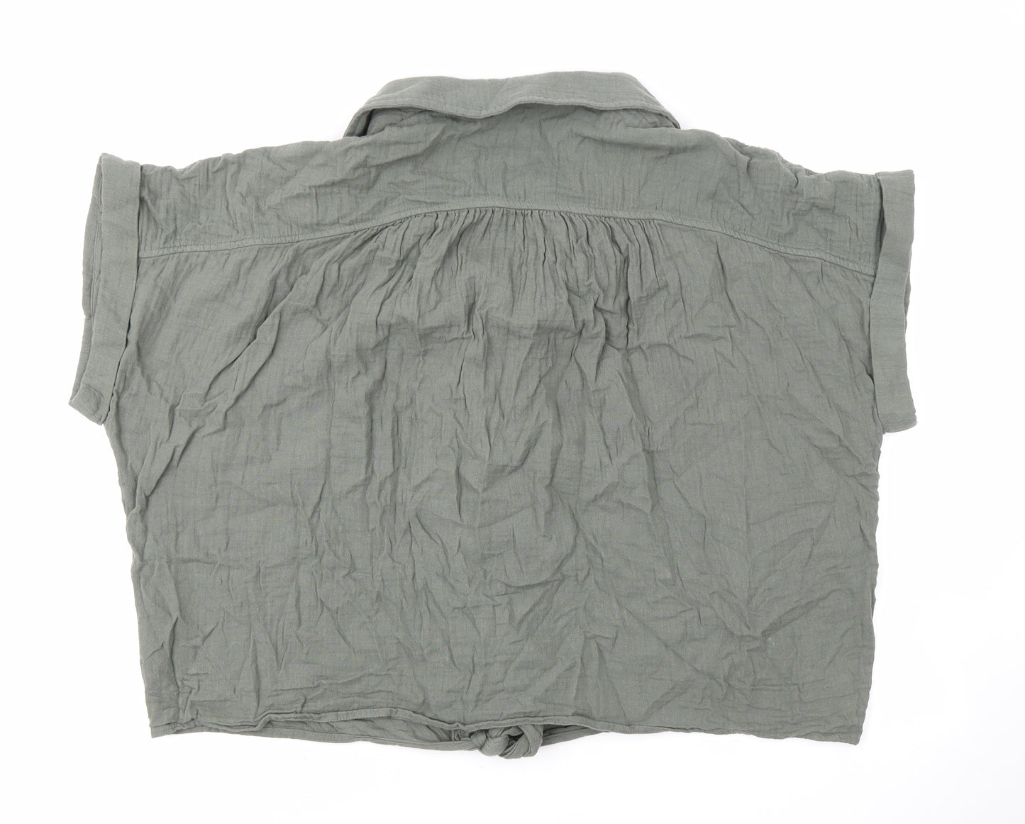 TU Womens Green 100% Cotton Basic Button-Up Size 16 V-Neck - Tie Front Shirt Collared