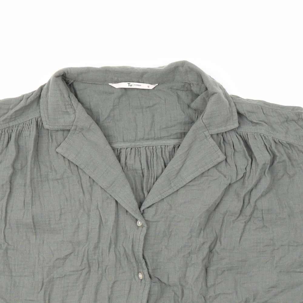TU Womens Green 100% Cotton Basic Button-Up Size 16 V-Neck - Tie Front Shirt Collared