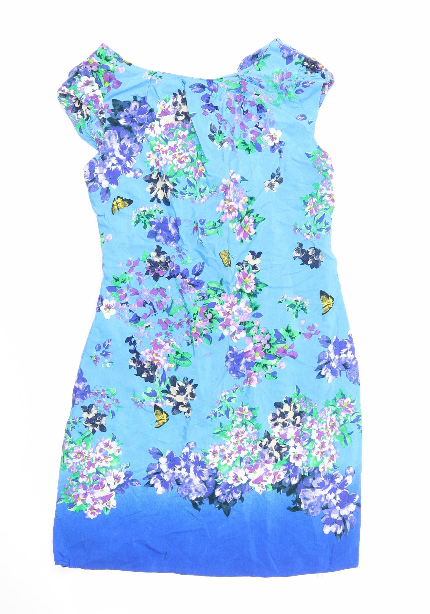 Wallis Womens Blue Floral Viscose Pencil Dress Size 8 Round Neck Zip - Butterflies