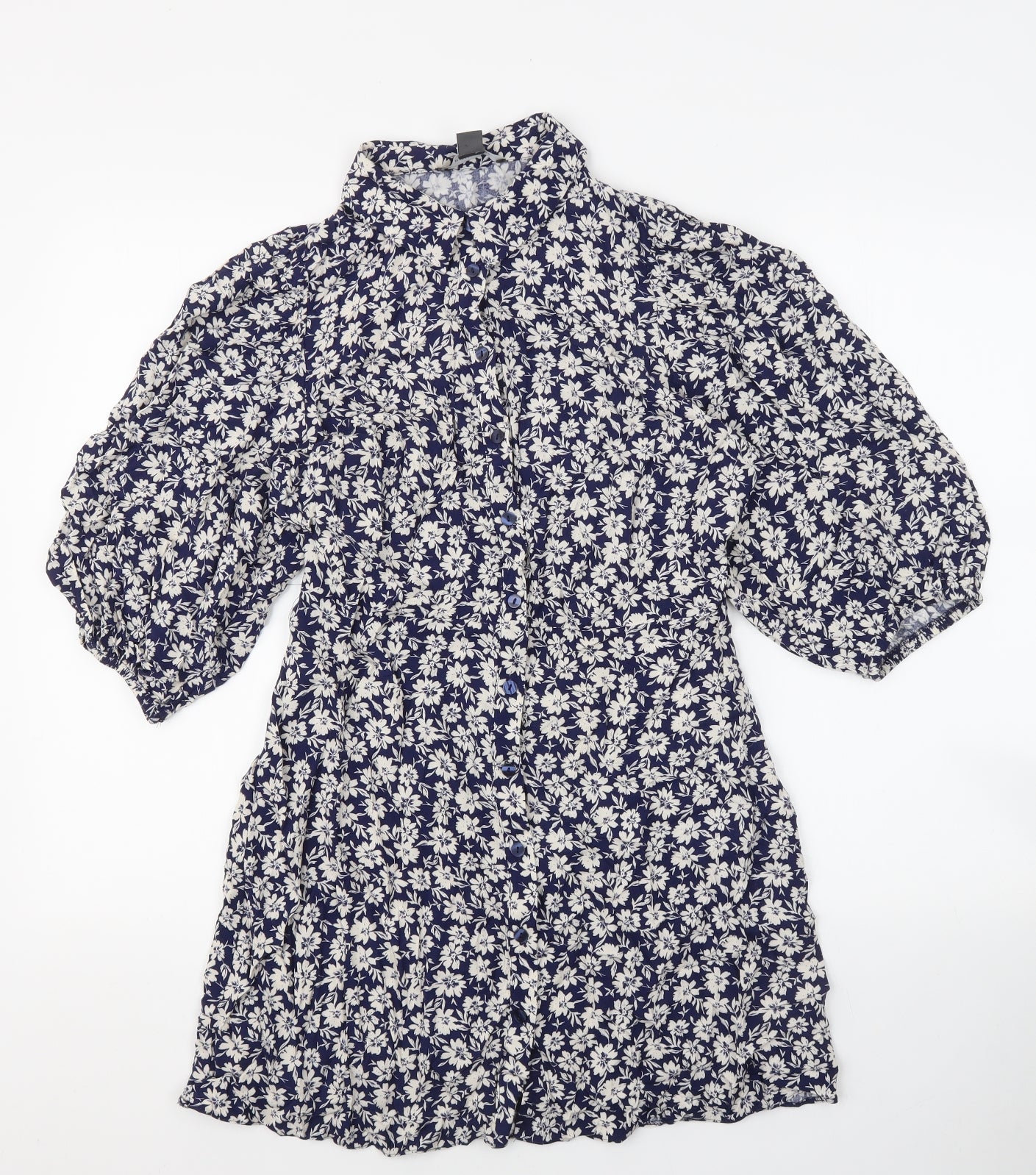 Primark Womens Blue Floral Viscose Skater Dress Size 12 Collared Button