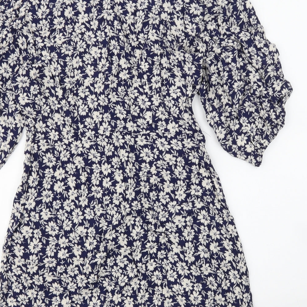 Primark Womens Blue Floral Viscose Skater Dress Size 12 Collared Button