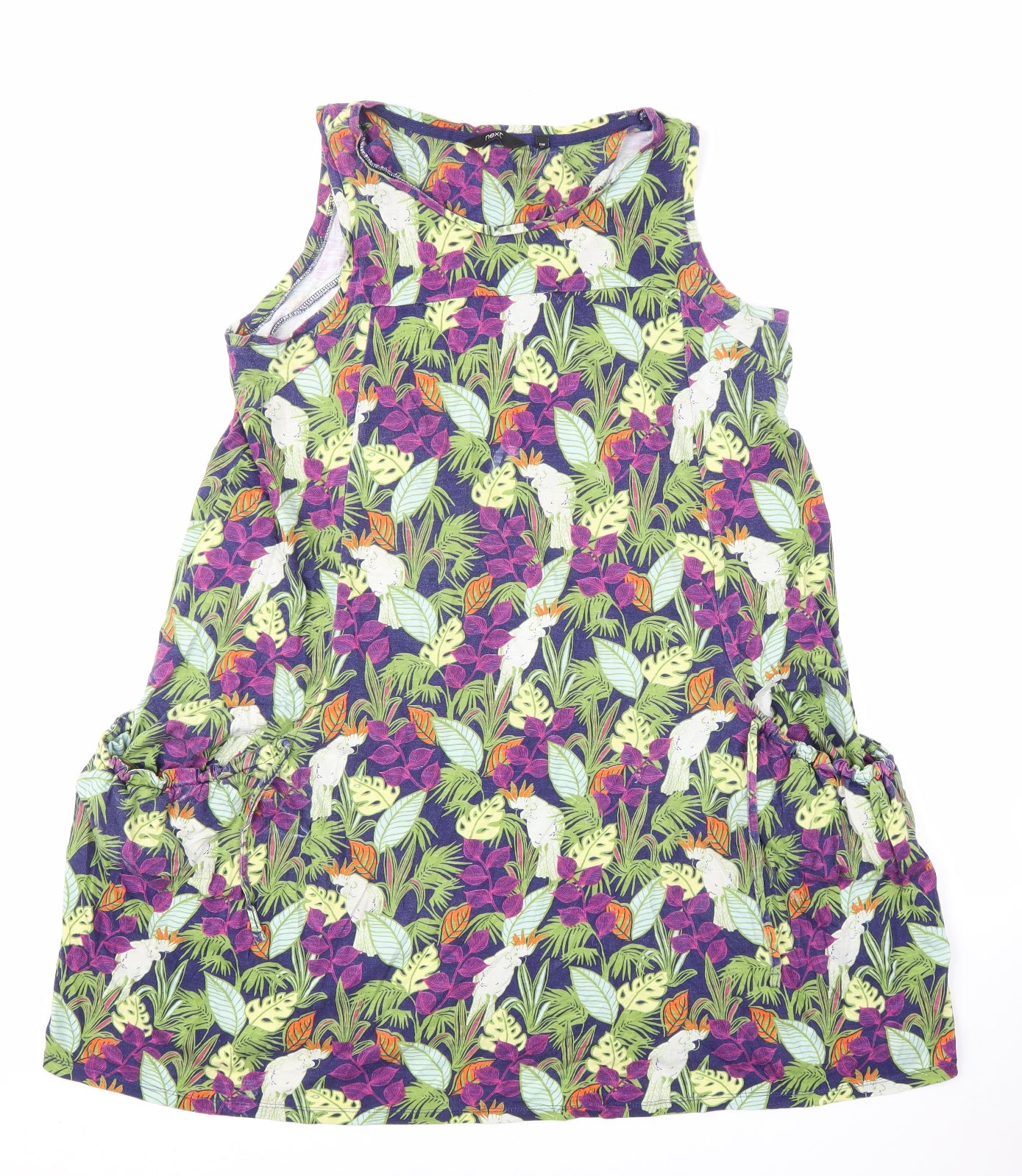 NEXT Womens Multicoloured Floral 100% Cotton Tank Dress Size 14 Round Neck Pullover - Parrot print