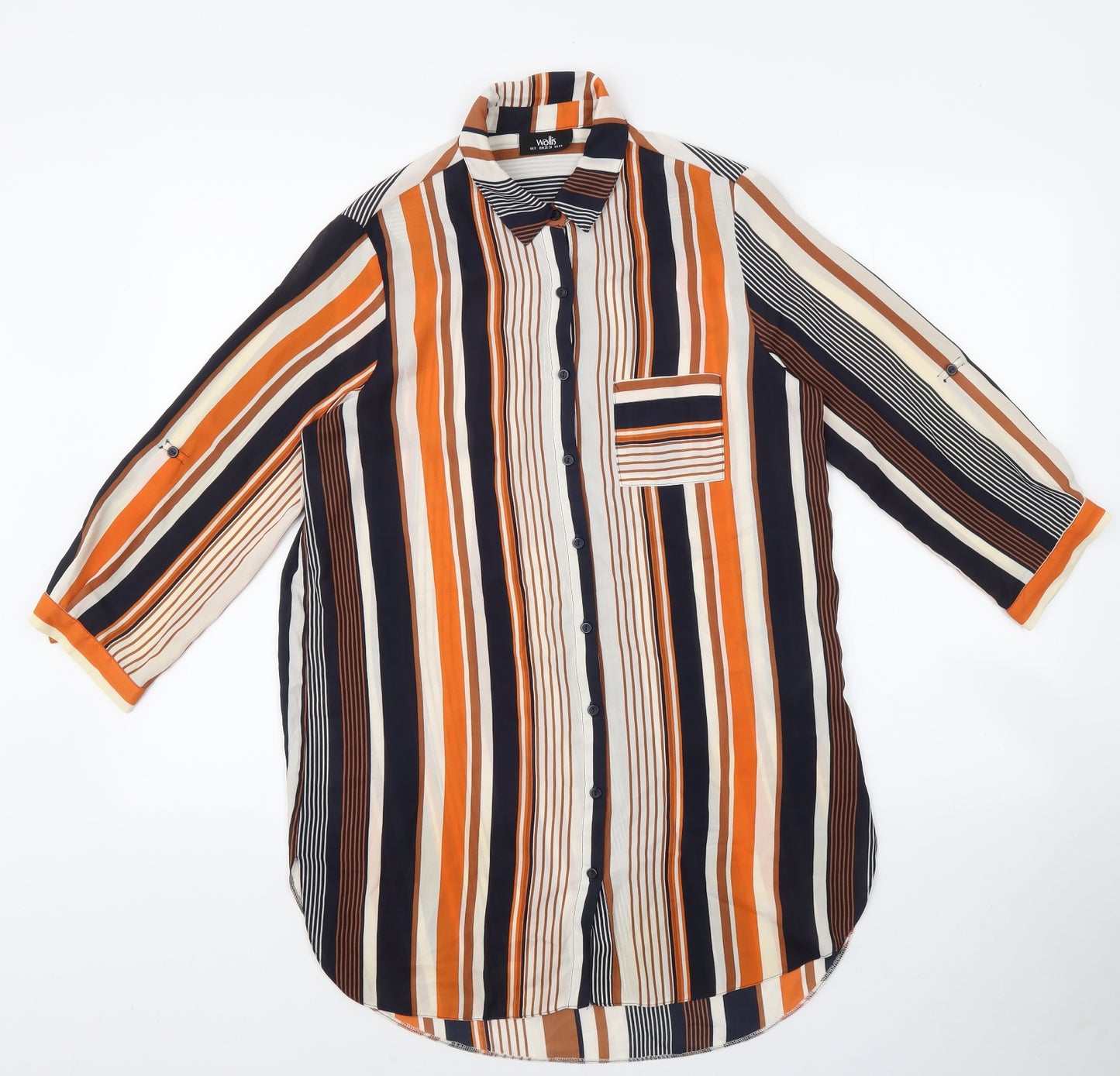 Wallis Womens Multicoloured Striped Polyester Tunic Button-Up Size S Collared - Striped orange, beige and blue