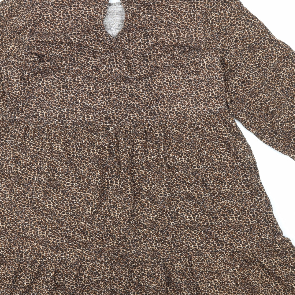 Nutmeg Womens Brown Animal Print 100% Cotton A-Line Size 12 Round Neck Pullover - Leopard Pattern