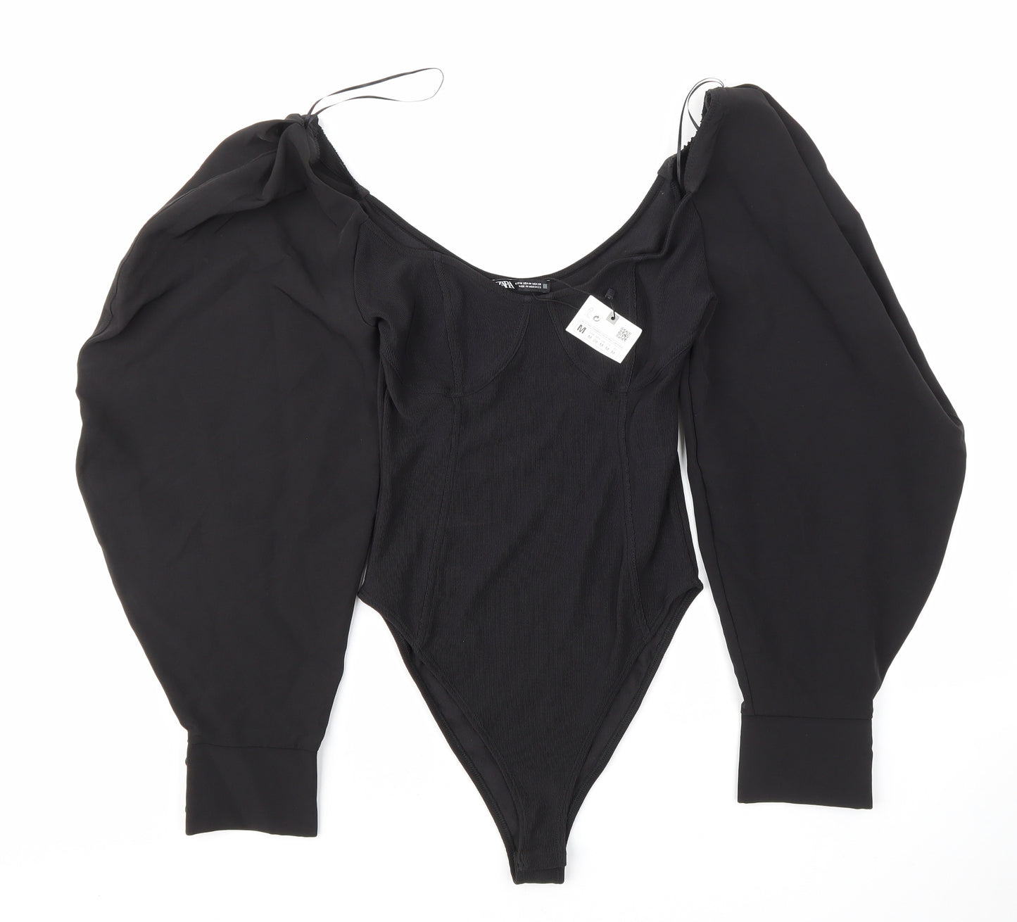 Zara Womens Black 100% Polyester Bodysuit One-Piece Size M Snap - Balloon Sleeves