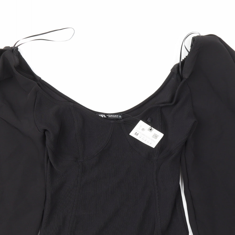 Zara Womens Black 100% Polyester Bodysuit One-Piece Size M Snap - Balloon Sleeves