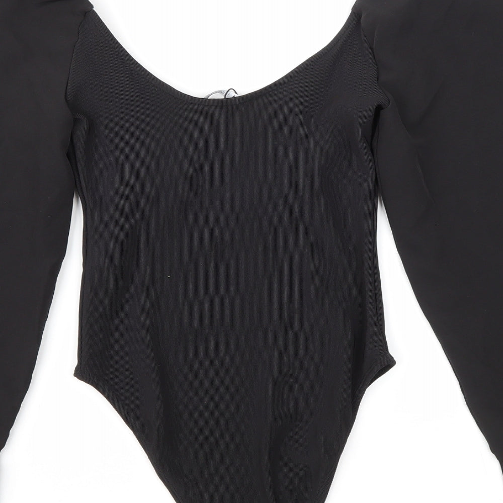 Zara Womens Black 100% Polyester Bodysuit One-Piece Size M Snap - Balloon Sleeves
