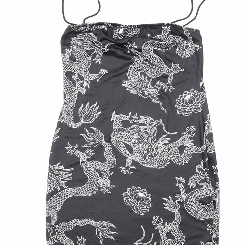 SheIn Womens Black Geometric Polyester Bodycon Size S Square Neck Pullover - Dragon Print